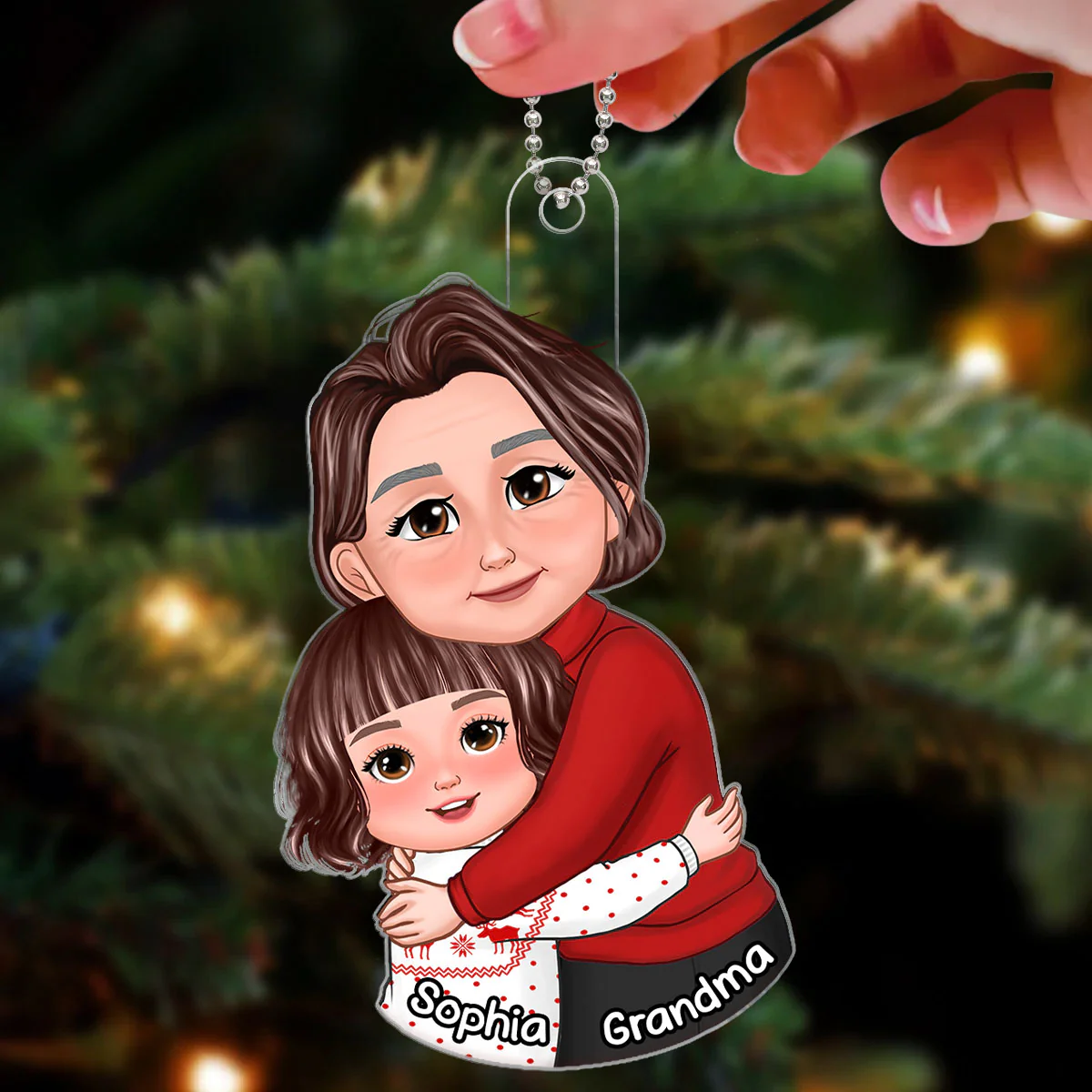 Christmas Happy Face Grandma & Grandkid Hugging Personalized Acrylic Ornament - Image 3