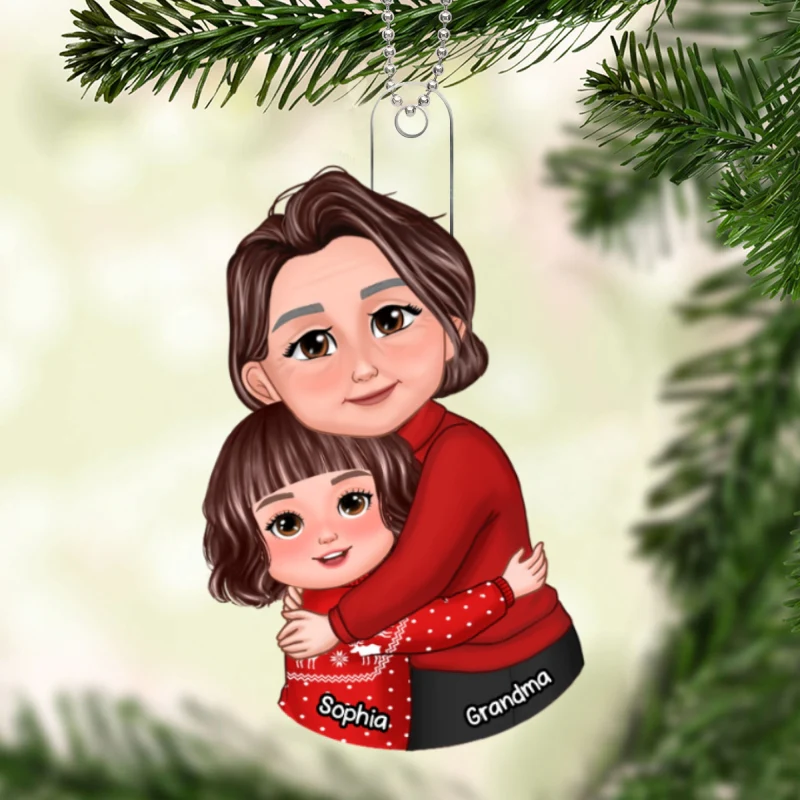 Christmas Happy Face Grandma & Grandkid Hugging Personalized Acrylic Ornament - Image 5