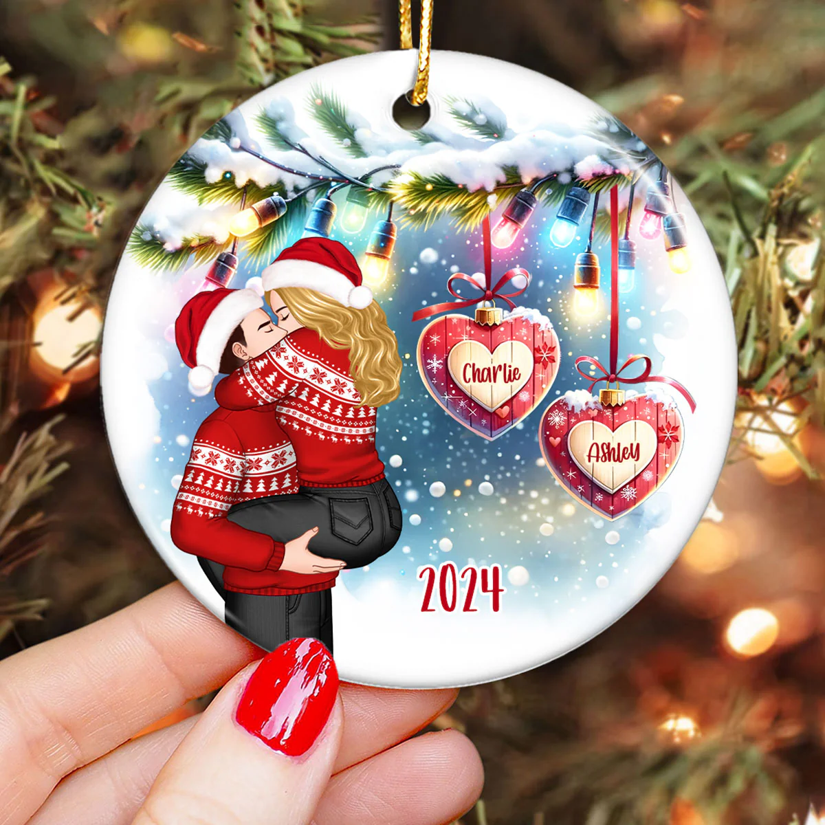 Christmas Hearts Couple Kissing Personalized Circle Ceramic Ornament - Image 4
