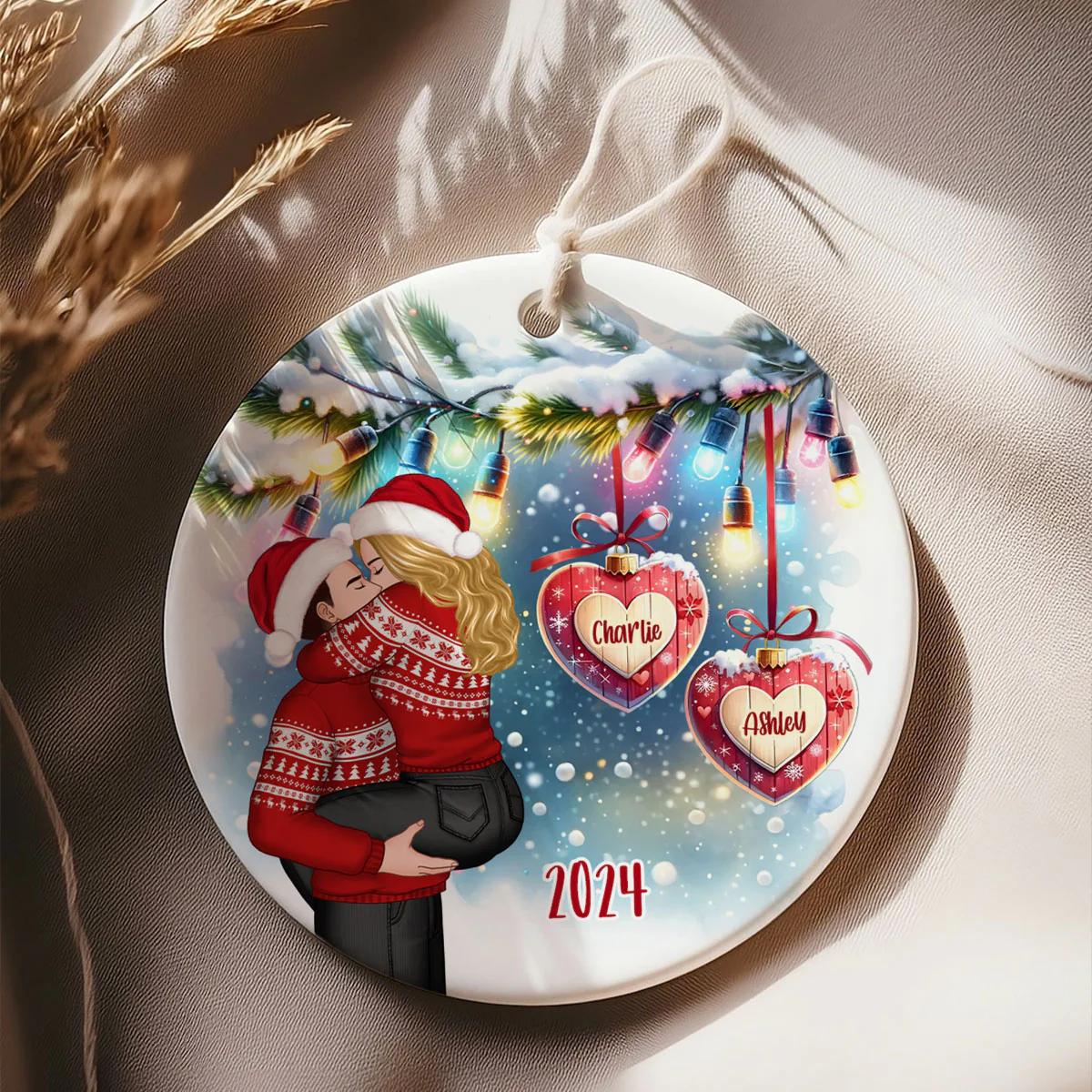 Christmas Hearts Couple Kissing Personalized Circle Ceramic Ornament - Image 6