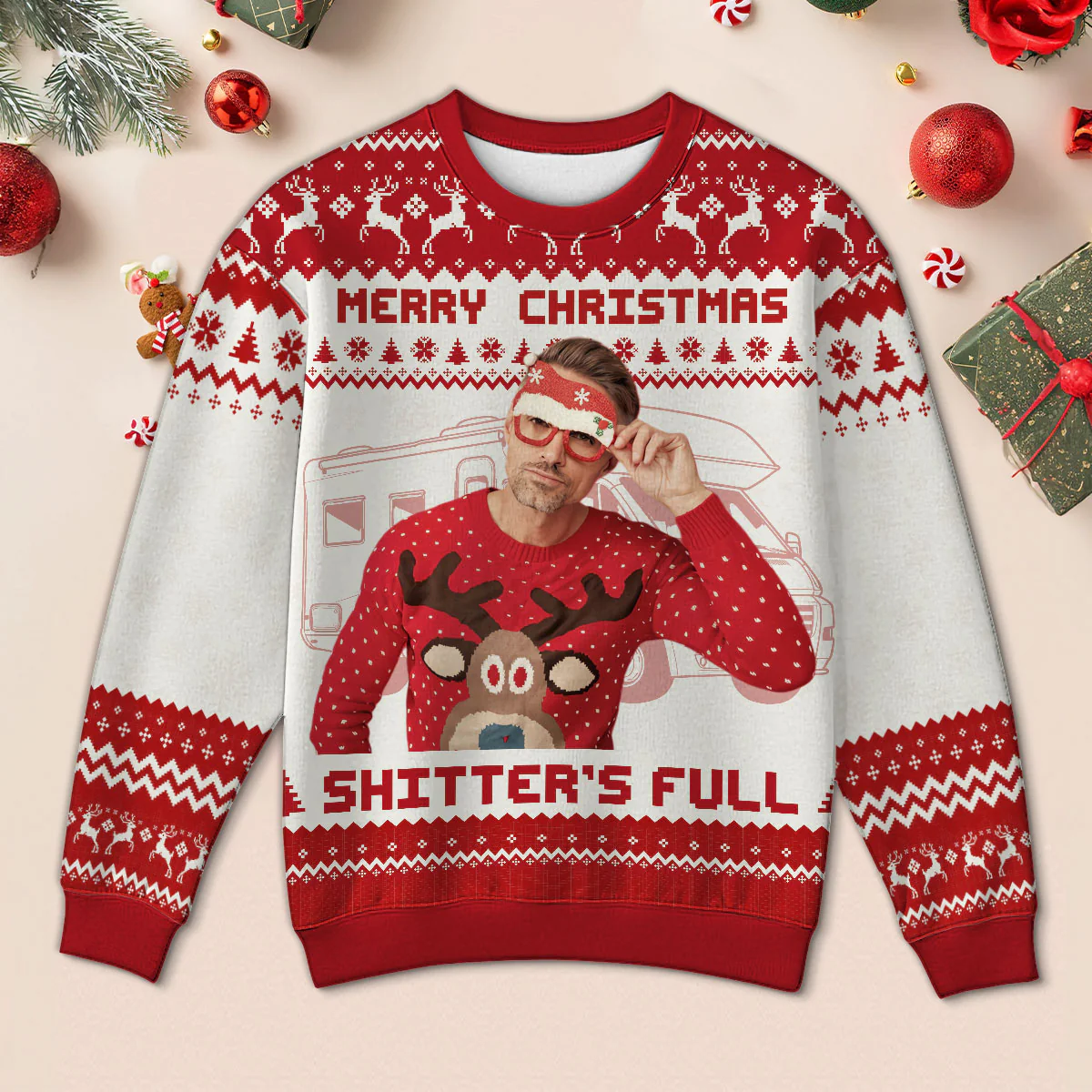 Christmas Holiday Shitter's Full Funny Family Photo Inserted Personalized Faux Knit Ugly Sweater - Image 2