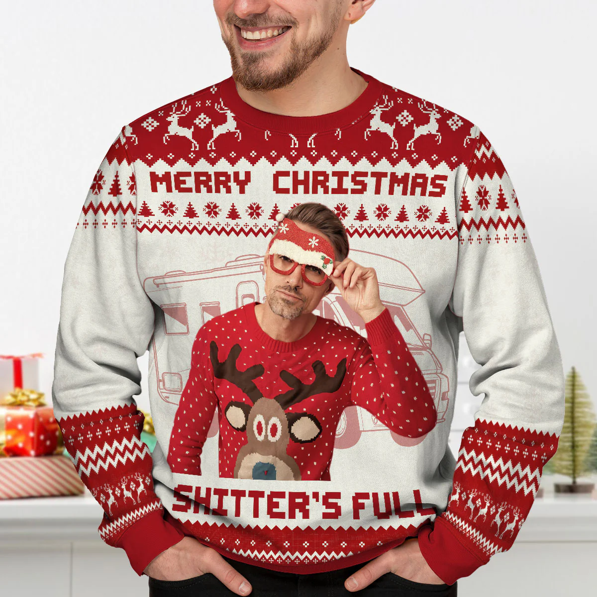 Christmas Holiday Shitter's Full Funny Family Photo Inserted Personalized Faux Knit Ugly Sweater - Image 3