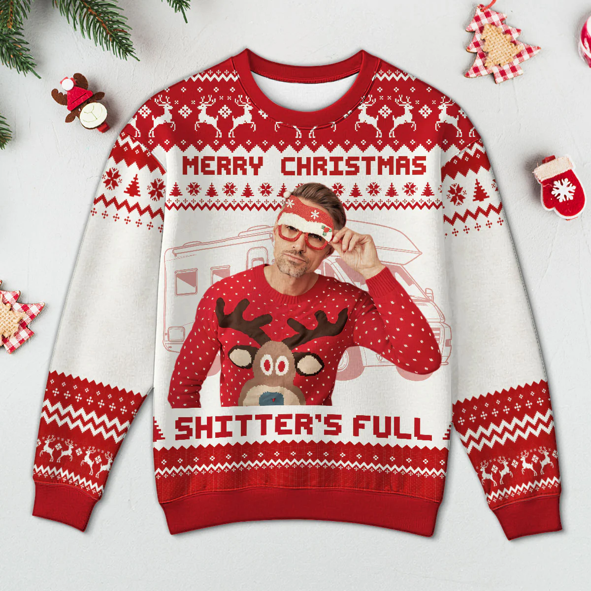 Christmas Holiday Shitter's Full Funny Family Photo Inserted Personalized Faux Knit Ugly Sweater - Image 4
