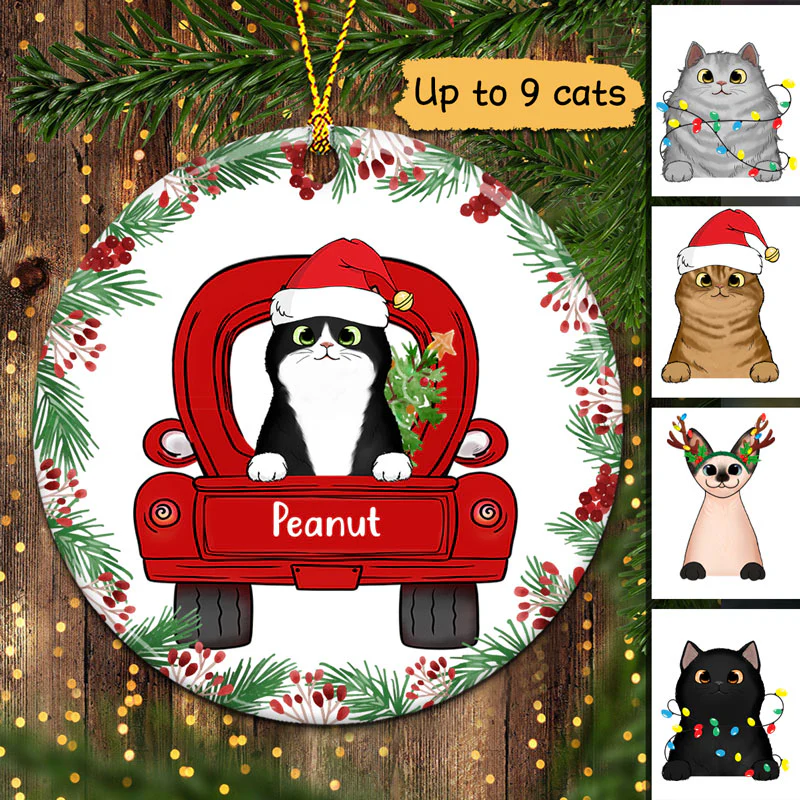 Christmas Holly Branch Fluffy Cats On Truck Personalized Circle Ornament - Image 2