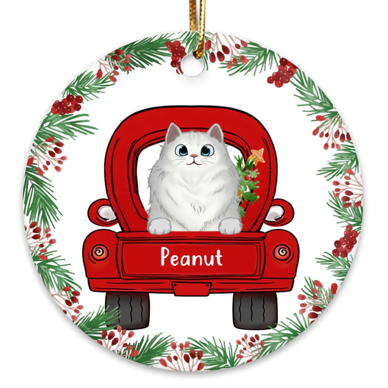 Christmas Holly Branch Fluffy Cats On Truck Personalized Circle Ornament - Image 3