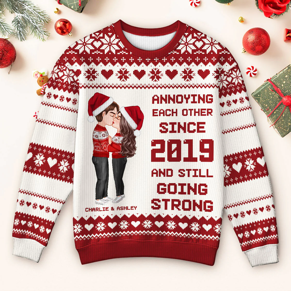 Christmas Hugging Kissing Couple Personalized Faux Knitting Ugly Sweater, Gift For Him, For Her - Image 2