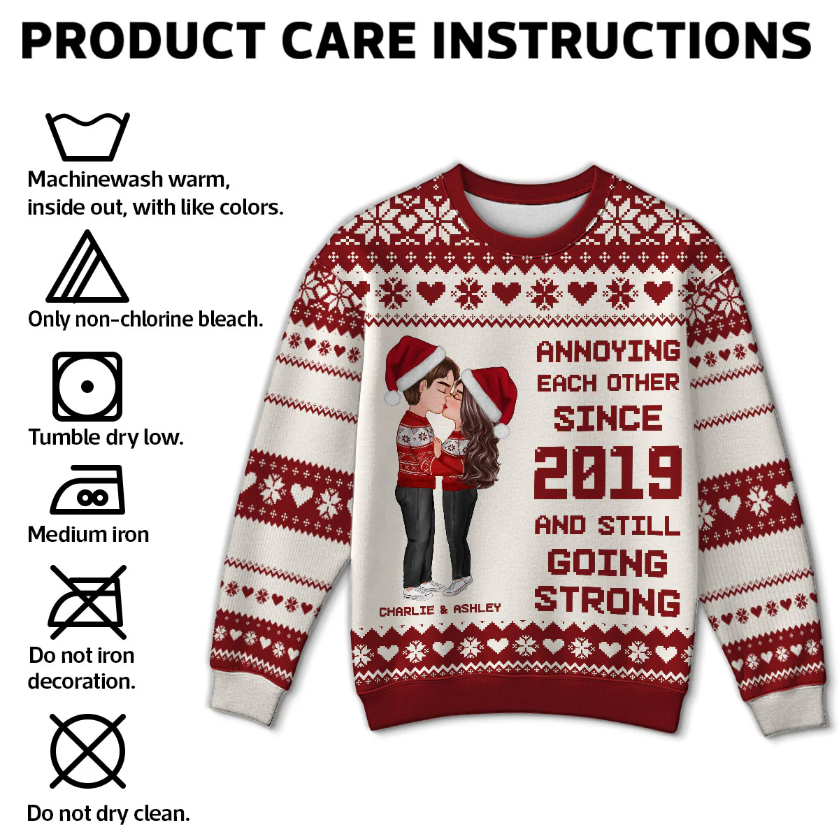 Christmas Hugging Kissing Couple Personalized Faux Knitting Ugly Sweater, Gift For Him, For Her - Image 3