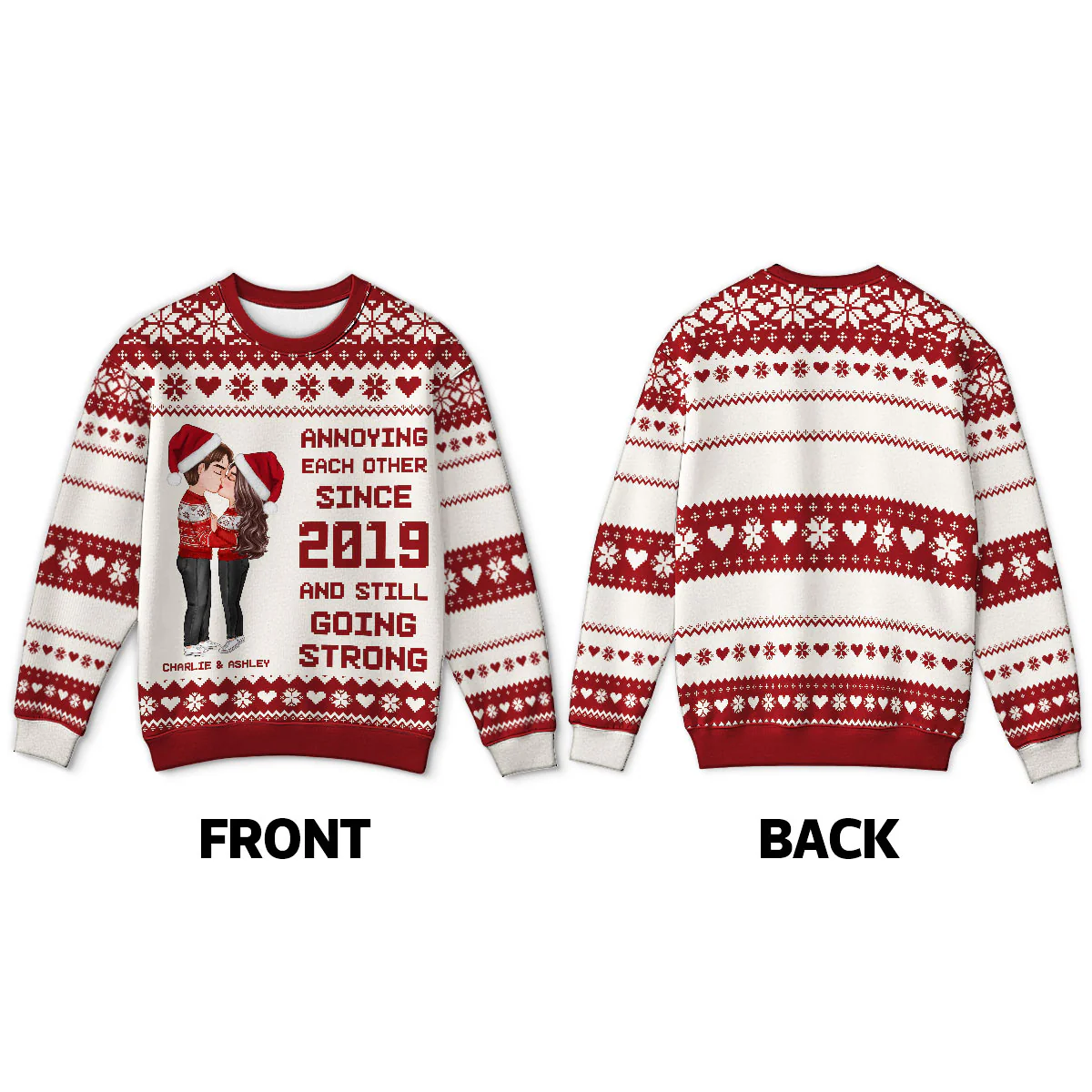 Christmas Hugging Kissing Couple Personalized Faux Knitting Ugly Sweater, Gift For Him, For Her - Image 4