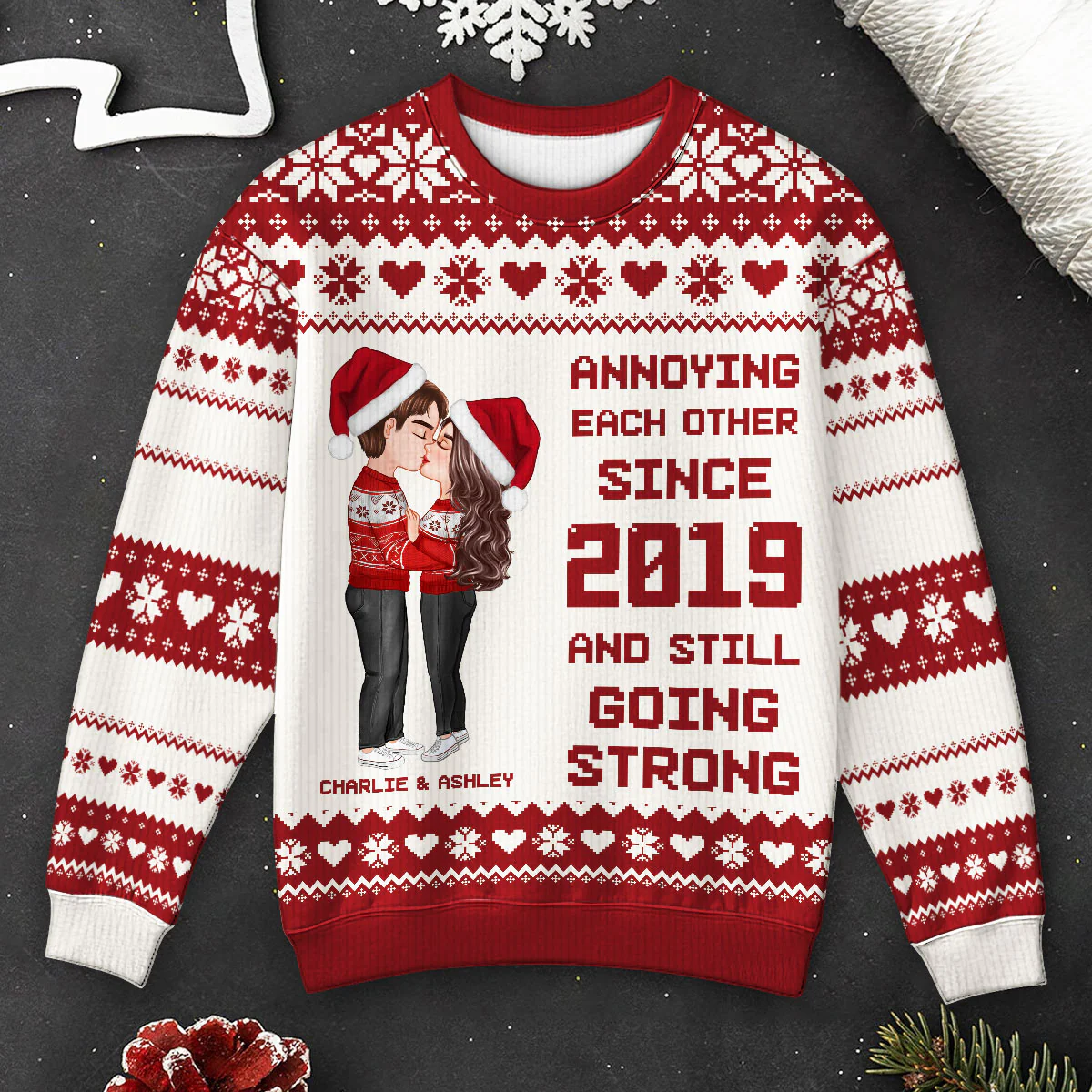 Christmas Hugging Kissing Couple Personalized Faux Knitting Ugly Sweater, Gift For Him, For Her - Image 5