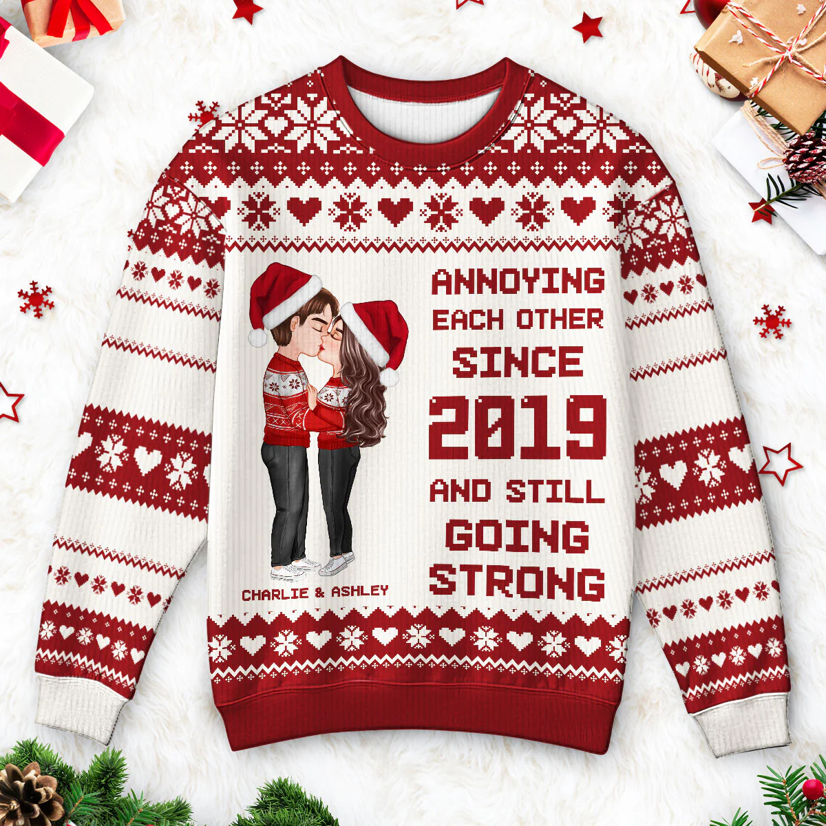 Christmas Hugging Kissing Couple Personalized Faux Knitting Ugly Sweater, Gift For Him, For Her - Image 6