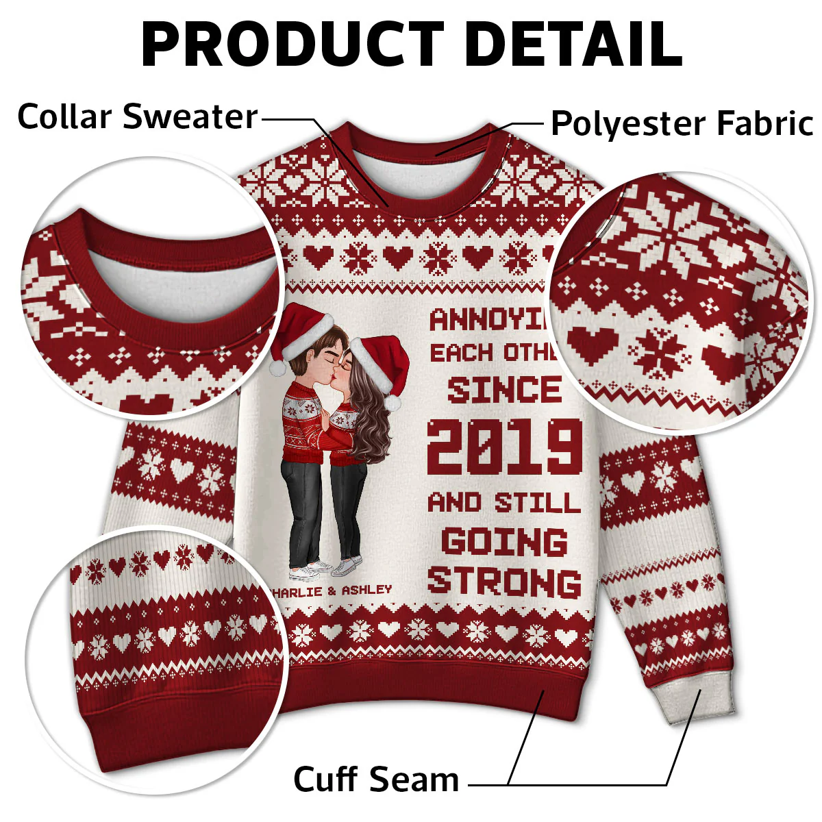 Christmas Hugging Kissing Couple Personalized Faux Knitting Ugly Sweater, Gift For Him, For Her - Image 7