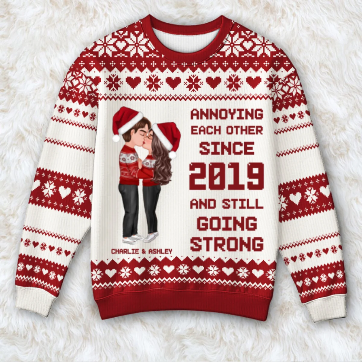 Christmas Hugging Kissing Couple Personalized Faux Knitting Ugly Sweater, Gift For Him, For Her - Image 9
