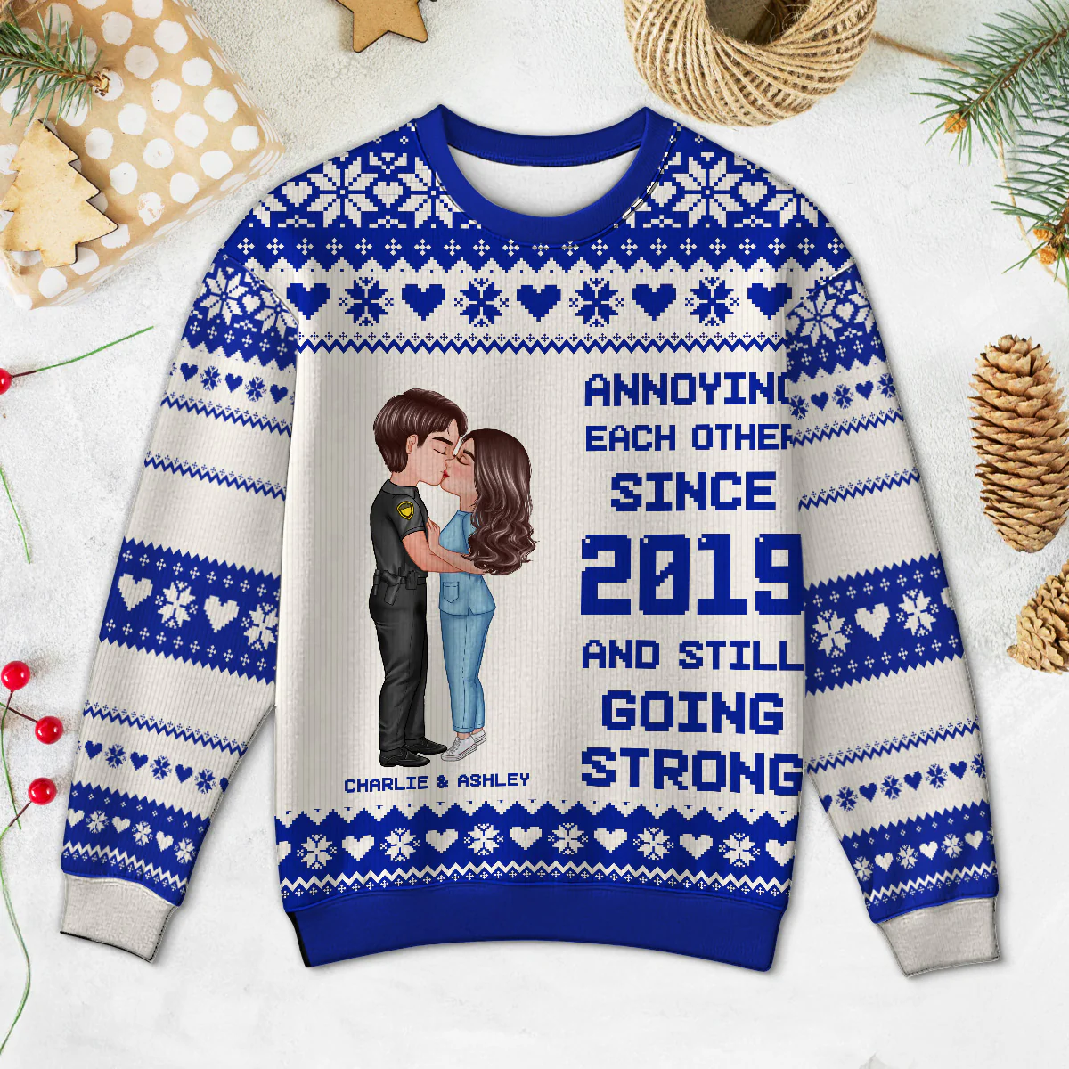 Christmas Hugging Kissing Couple Occupation Personalized Faux Knitting Ugly Sweater, Gift For Him, For Her, For Police, Nurse, Firefighter, EMS, Military - Image 2
