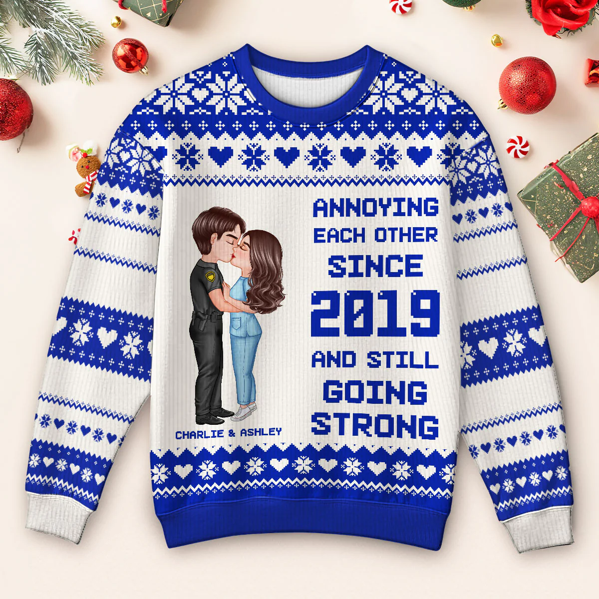 Christmas Hugging Kissing Couple Occupation Personalized Faux Knitting Ugly Sweater, Gift For Him, For Her, For Police, Nurse, Firefighter, EMS, Military - Image 3