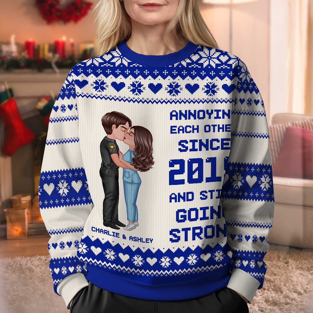Christmas Hugging Kissing Couple Occupation Personalized Faux Knitting Ugly Sweater, Gift For Him, For Her, For Police, Nurse, Firefighter, EMS, Military - Image 4