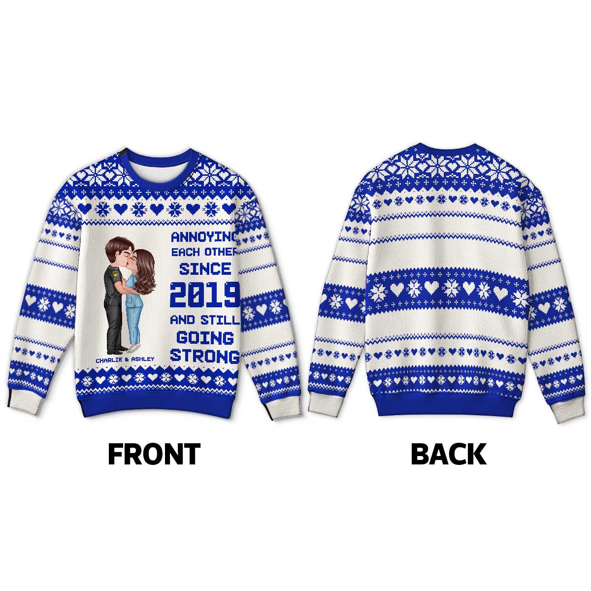 Christmas Hugging Kissing Couple Occupation Personalized Faux Knitting Ugly Sweater, Gift For Him, For Her, For Police, Nurse, Firefighter, EMS, Military - Image 5