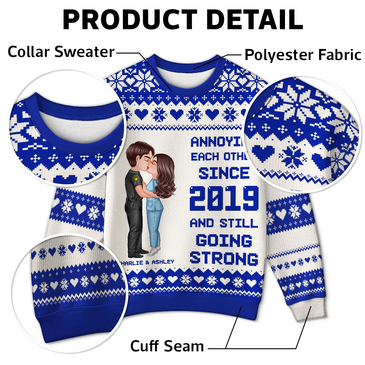 Christmas Hugging Kissing Couple Occupation Personalized Faux Knitting Ugly Sweater, Gift For Him, For Her, For Police, Nurse, Firefighter, EMS, Military - Image 6