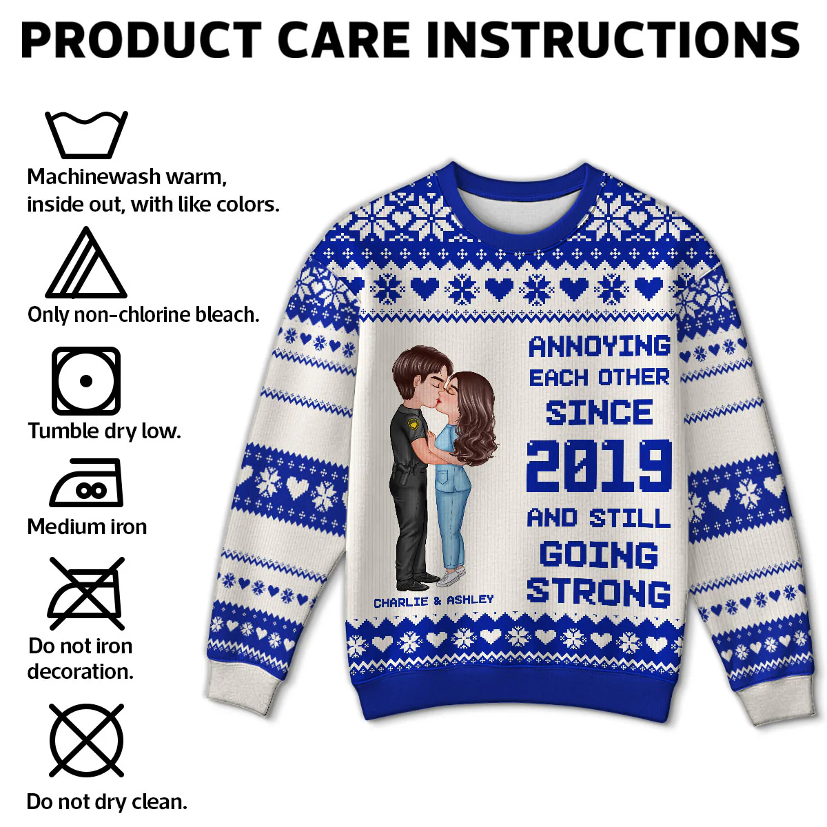 Christmas Hugging Kissing Couple Occupation Personalized Faux Knitting Ugly Sweater, Gift For Him, For Her, For Police, Nurse, Firefighter, EMS, Military - Image 7