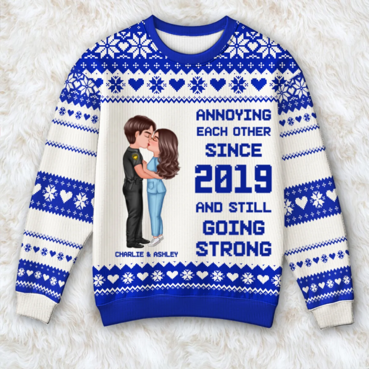 Christmas Hugging Kissing Couple Occupation Personalized Faux Knitting Ugly Sweater, Gift For Him, For Her, For Police, Nurse, Firefighter, EMS, Military - Image 9