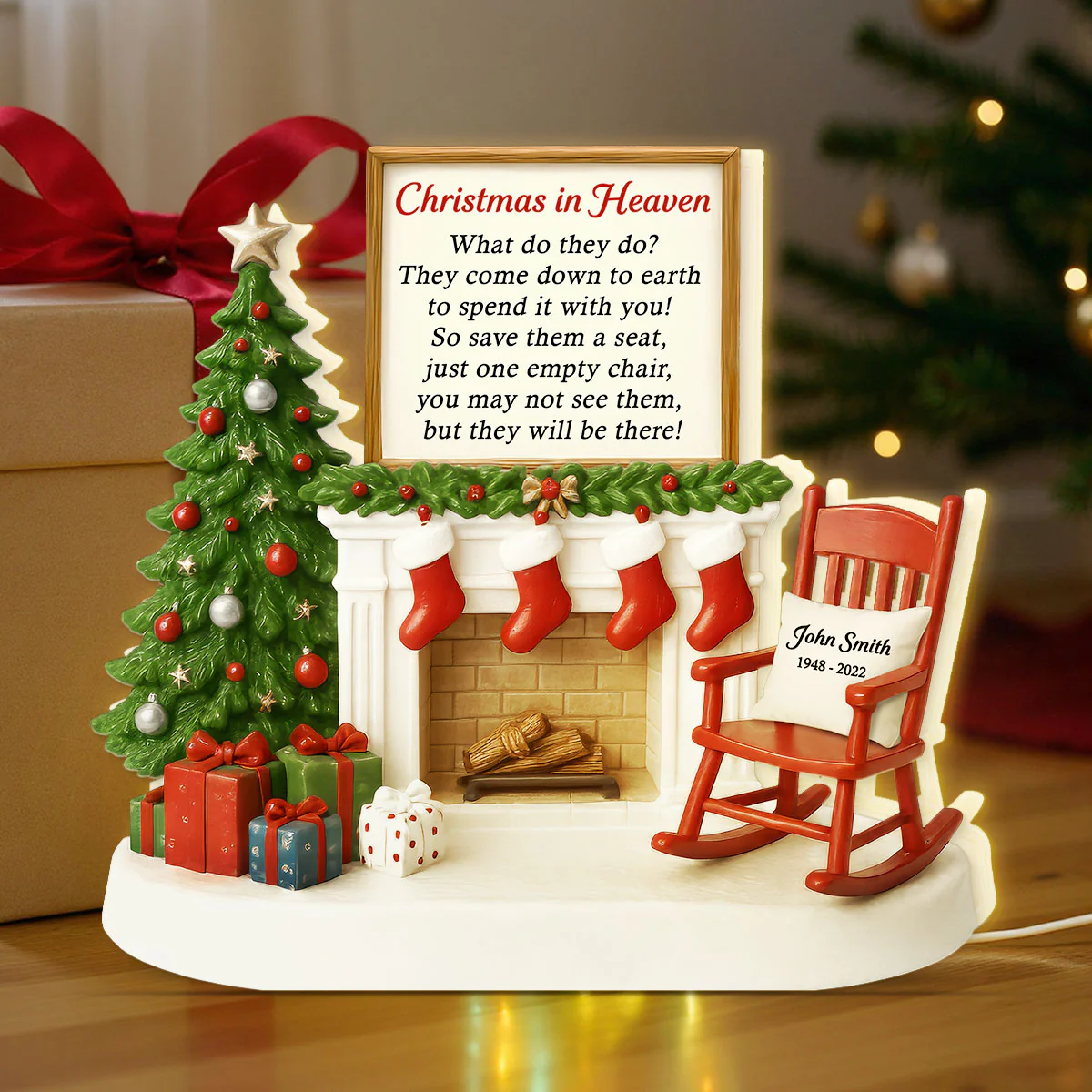 3D Effect Christmas In Heaven Chair At Fireplace - Personalized Light Box - Christmas Memorial Keepsake For Family