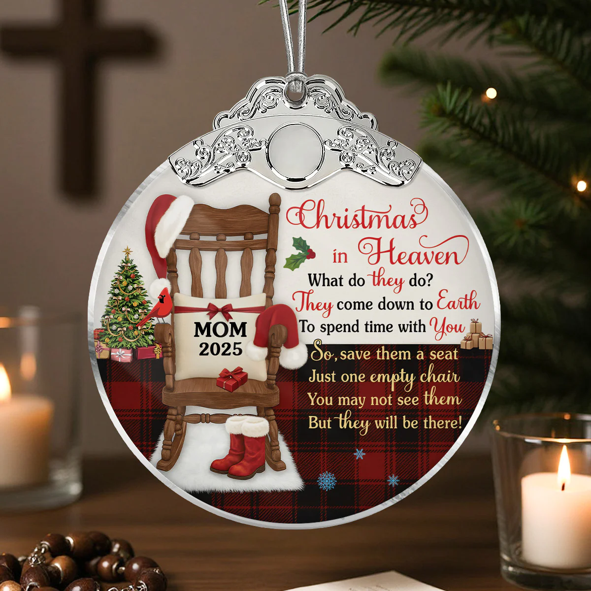 Christmas In Heaven Checkered Theme - Personalized Glass Ornament With Silver Cap - Christmas Memorial Keepsake For Family - Image 2