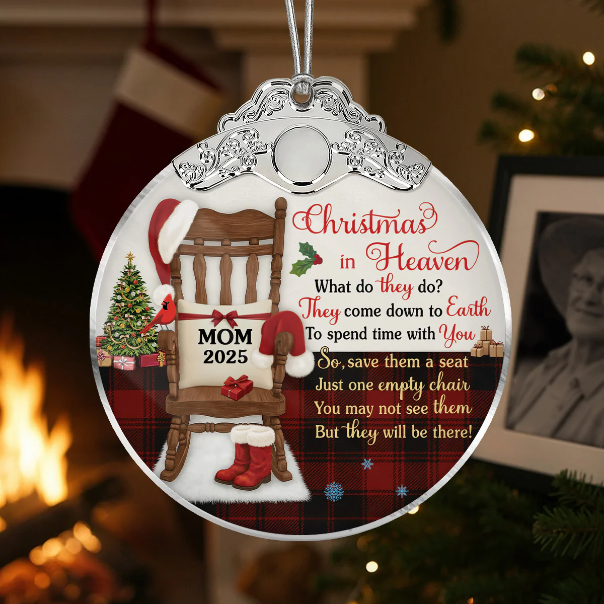 Christmas In Heaven Checkered Theme - Personalized Glass Ornament With Silver Cap - Christmas Memorial Keepsake For Family - Image 3
