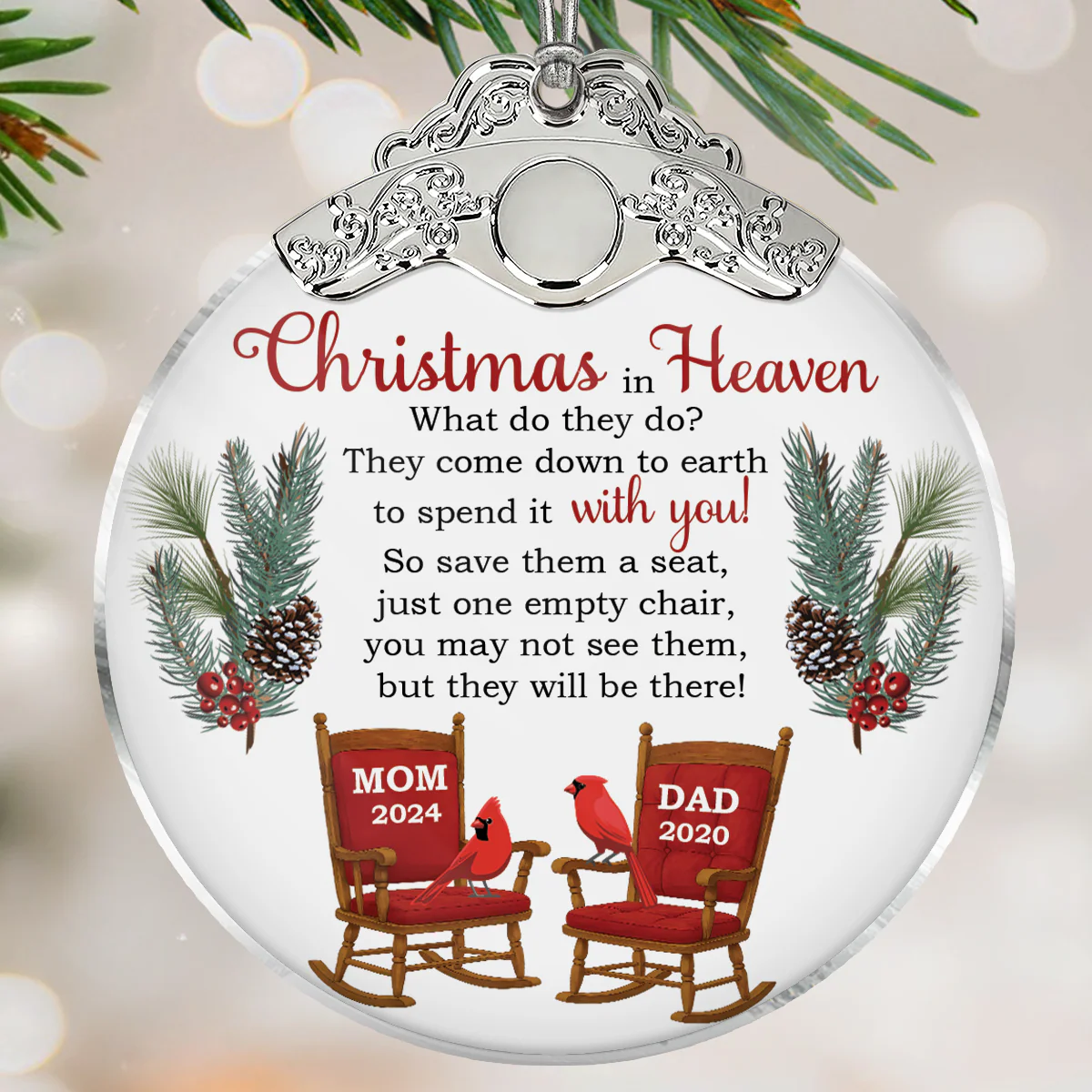 Christmas In Heaven Save A Seat - Personalized Glass Ornament With Silver Cap - Christmas Memorial Keepsake For Family