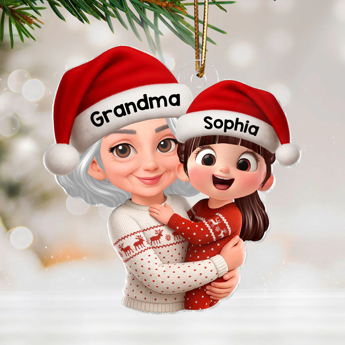 Christmas Joyful Grandma Hugging Grandkid - Personalized Acrylic Ornament - Gift For Grandkid - Image 2