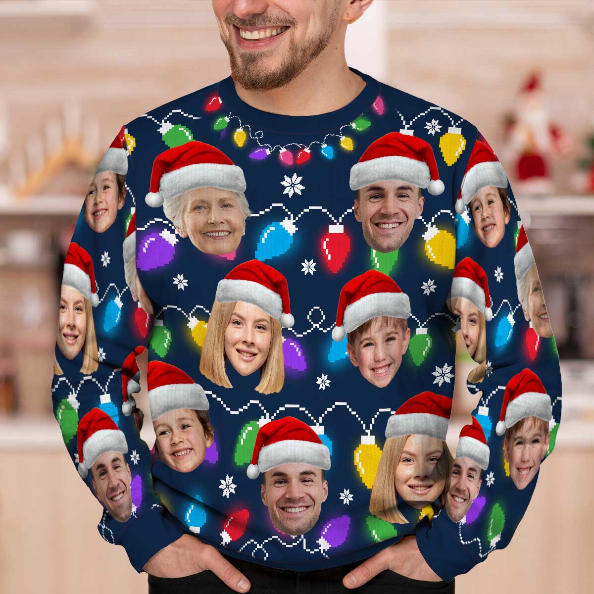 Christmas Light Family Dog Cat Pet Photo Upload Funny Christmas Personalized Faux Knit Ugly Sweater - Image 4