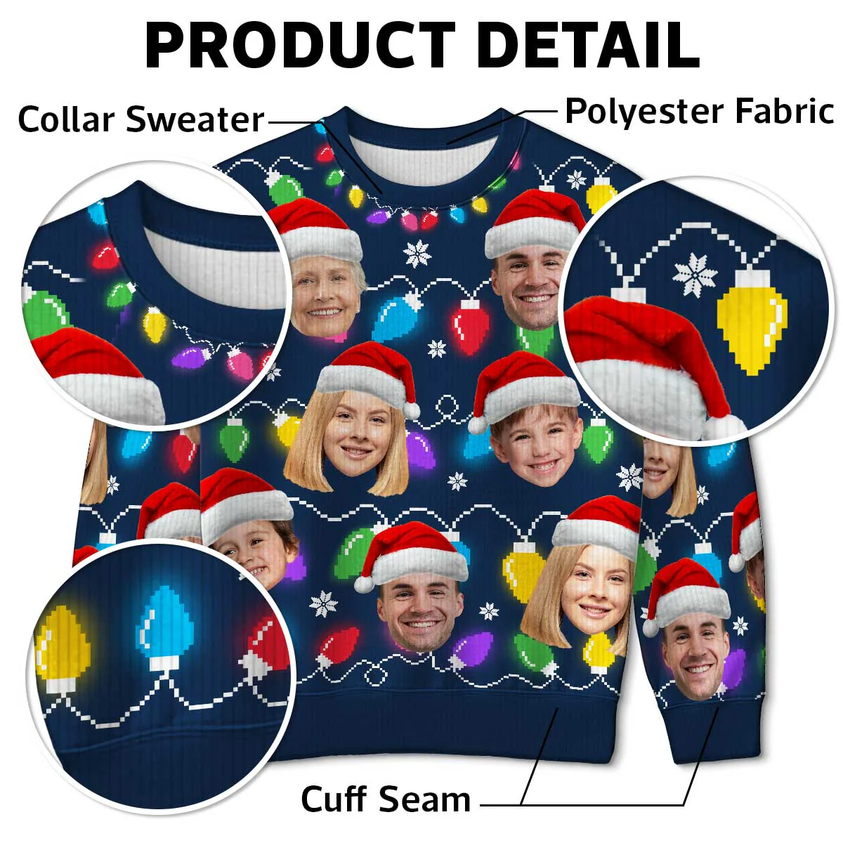 Christmas Light Family Dog Cat Pet Photo Upload Funny Christmas Personalized Faux Knit Ugly Sweater - Image 6
