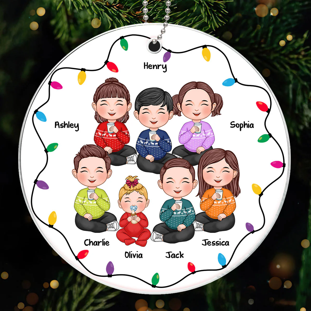Christmas Light Strings Cute Kids Sitting Personalized Acrylic Ornament