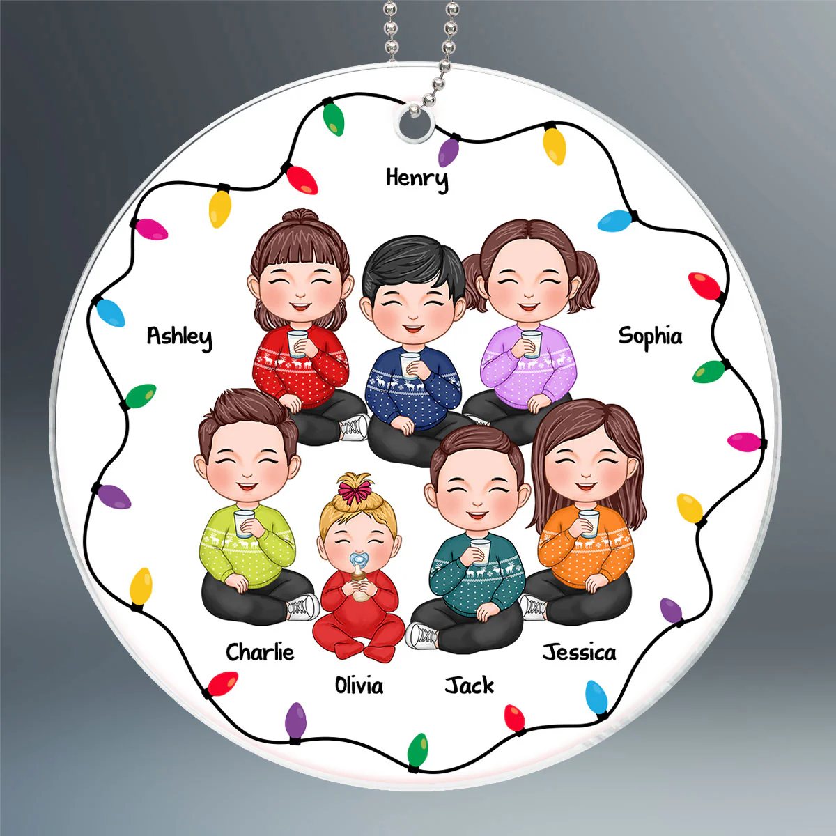 Christmas Light Strings Cute Kids Sitting Personalized Acrylic Ornament - Image 2