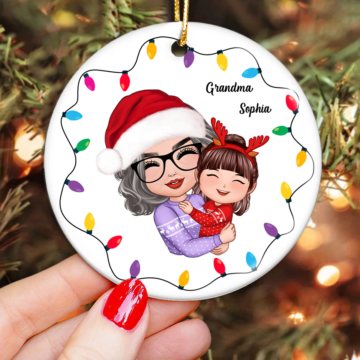 Christmas Light Strings Doll Grandma Hugging Kid Gift For Granddaughter Grandson Personalized Circle Ornament - Image 3