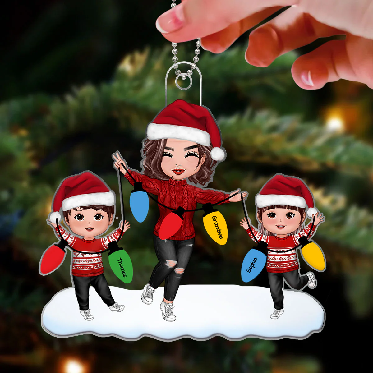 Christmas Lights Happy Doll Grandma Grandkids Personalized Acrylic Ornament - Image 3