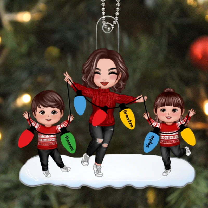 Christmas Lights Happy Doll Grandma Grandkids Personalized Acrylic Ornament - Image 5