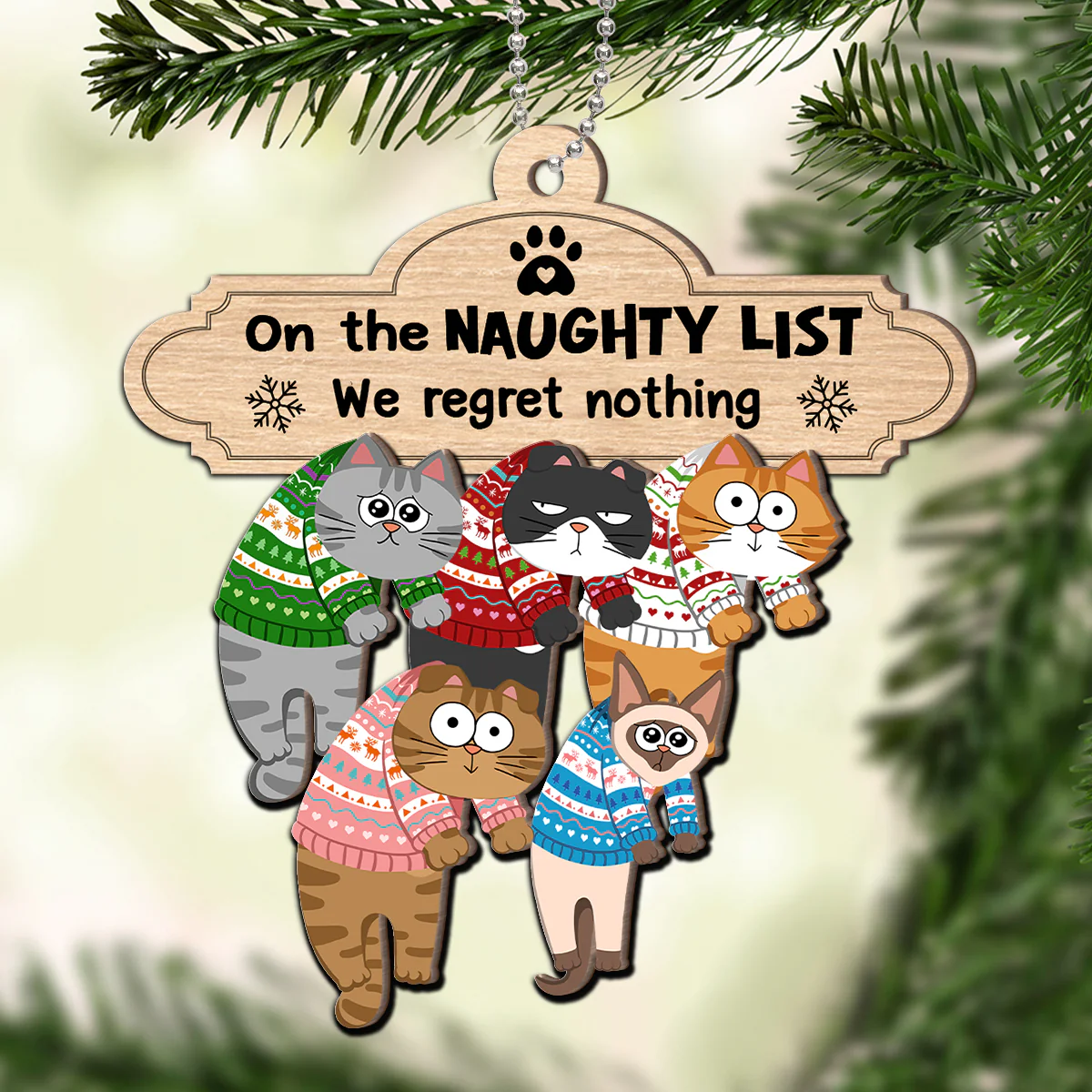 Christmas Naughty Cats Hanging On Mantel Personalized 2-Layer Wooden Ornament, Gift For Cat Lovers