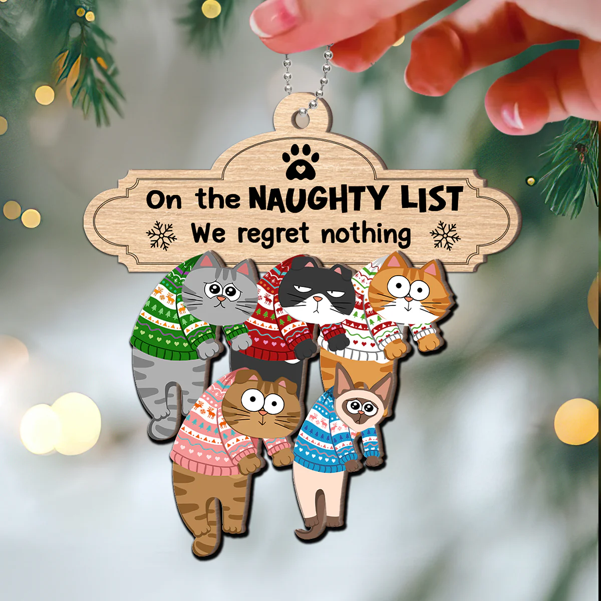 Christmas Naughty Cats Hanging On Mantel Personalized 2-Layer Wooden Ornament, Gift For Cat Lovers - Image 3
