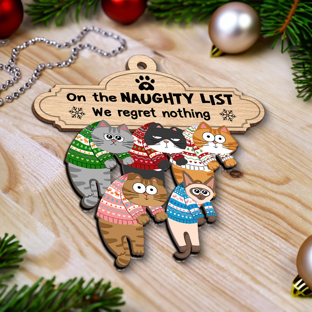 Christmas Naughty Cats Hanging On Mantel Personalized 2-Layer Wooden Ornament, Gift For Cat Lovers - Image 4
