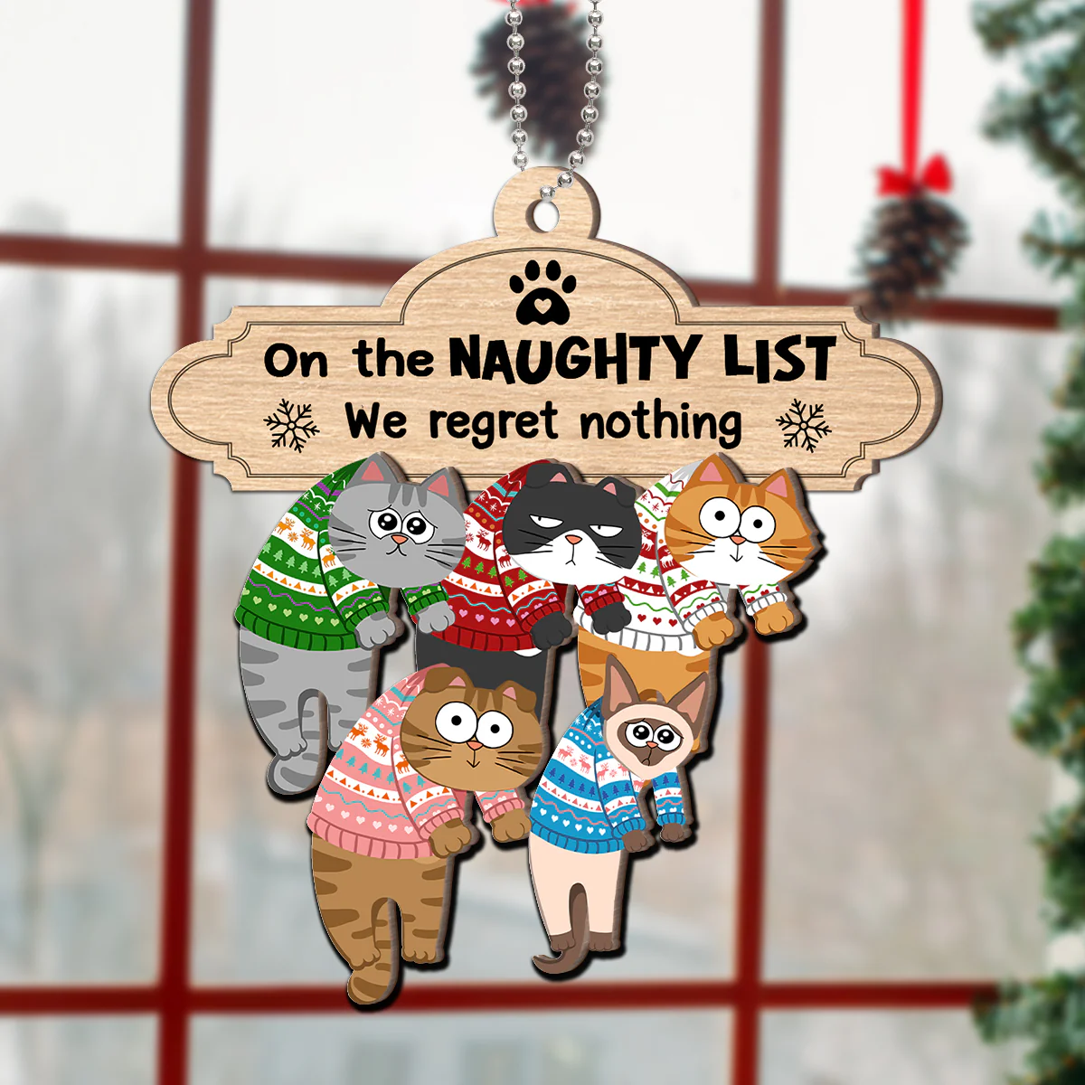 Christmas Naughty Cats Hanging On Mantel Personalized 2-Layer Wooden Ornament, Gift For Cat Lovers - Image 5