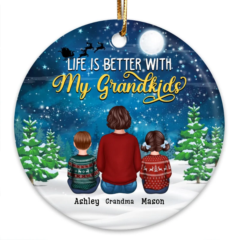 Christmas Night Better With Grandkids Grandma Back View Personalized Circle Ornament - Image 3