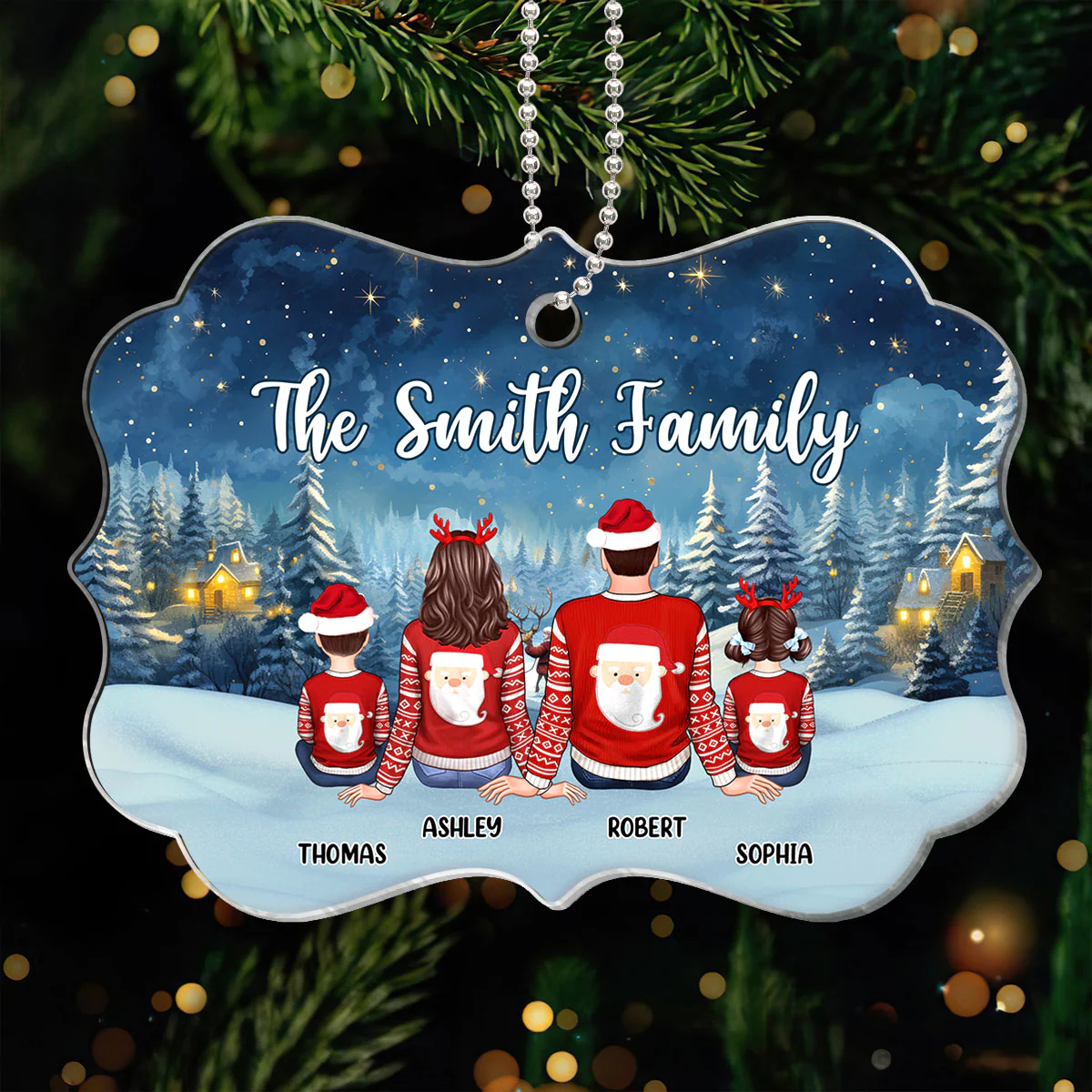 Christmas Night Landscape Family Sitting Back View Personalized Acrylic Ornament