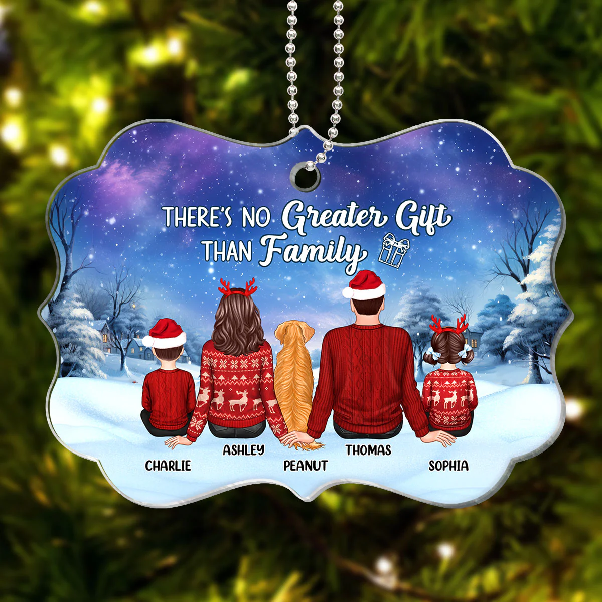 Christmas Night Landscape Family Sitting Back View Personalized Acrylic Ornament - Image 2