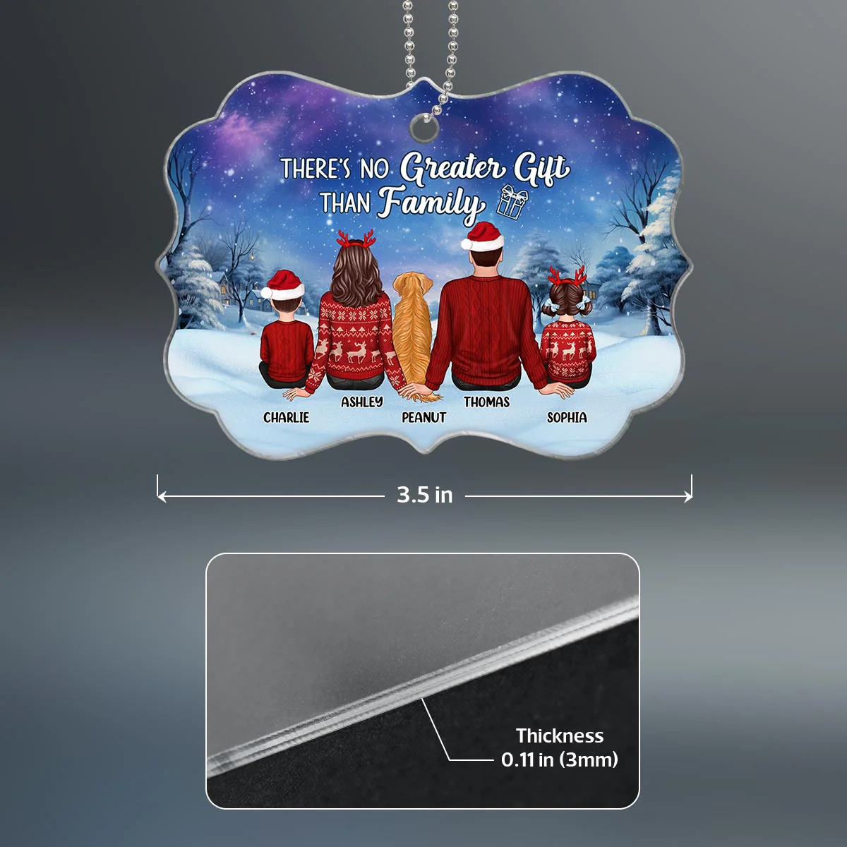Christmas Night Landscape Family Sitting Back View Personalized Acrylic Ornament - Image 3