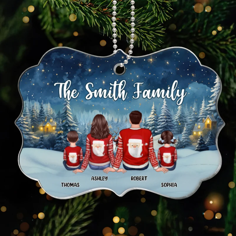 Christmas Night Landscape Family Sitting Back View Personalized Acrylic Ornament - Image 4