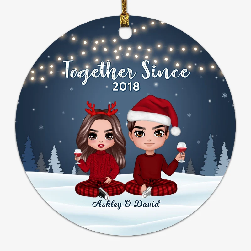Christmas Night Light Doll Couple Personalized Circle Ornament - Image 2