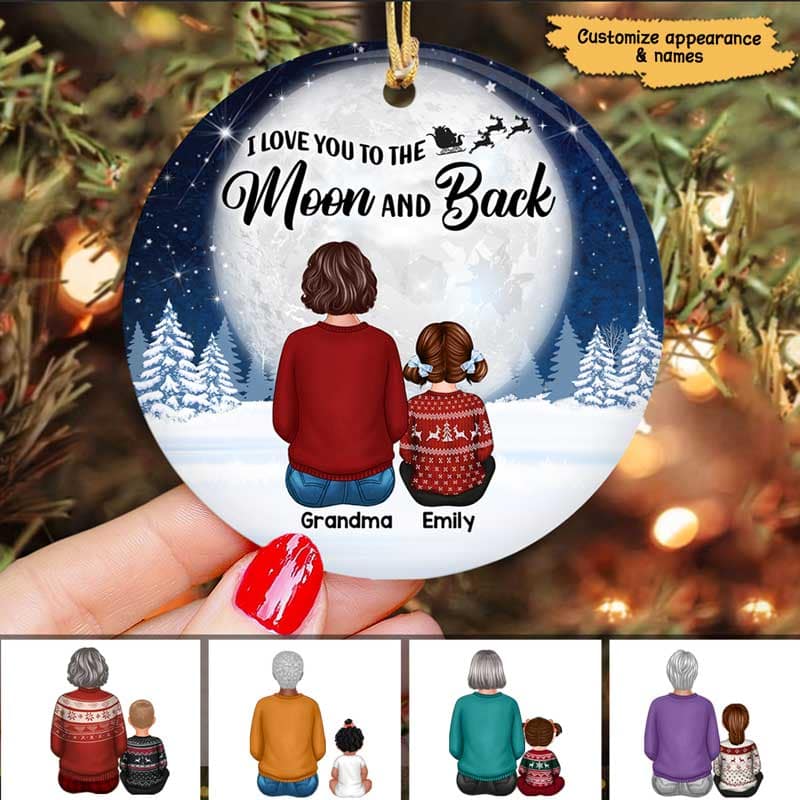 Christmas Night Moon Grandma & Grandkids Back View Personalized Circle Ornament - Image 2