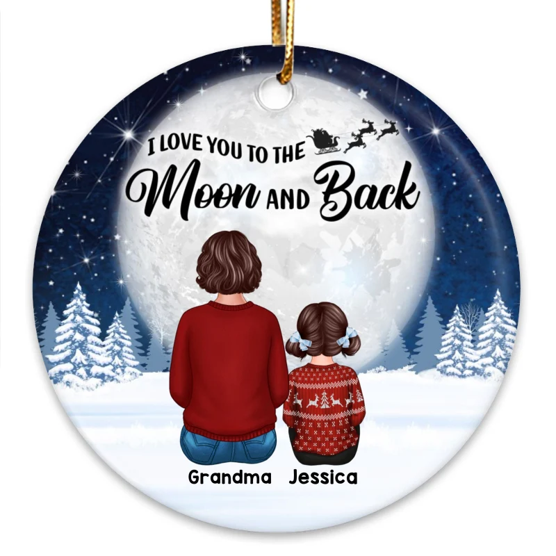 Christmas Night Moon Grandma & Grandkids Back View Personalized Circle Ornament - Image 3