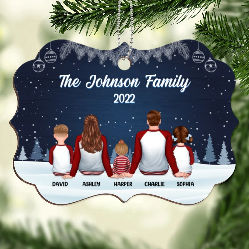 Christmas Night Pajamas Family Sitting Personalized Wooden Ornament - Image 2