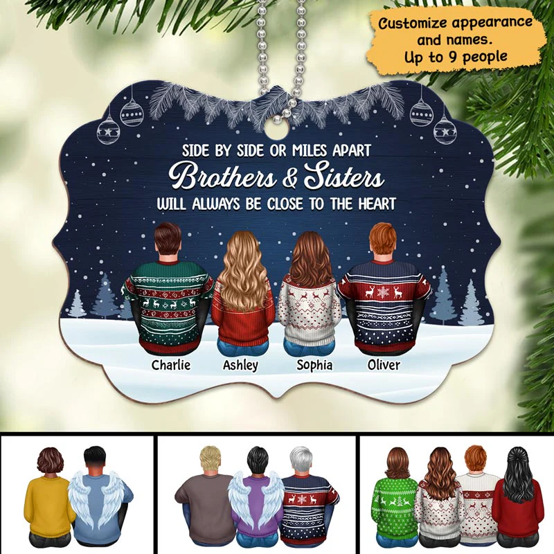 Christmas Night Side By Side Family Siblings Personalized Wooden Ornament - Image 2