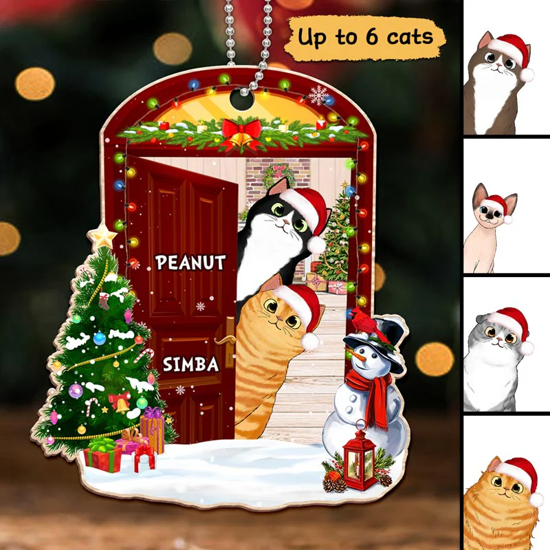 Christmas Opened Door Peeking Cats Personalized Wooden Ornament - Image 2